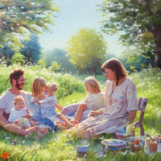 Prompt: Cosy painting of summer day with family