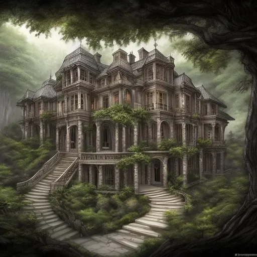 Prompt: fantasy drawing of a three story mansion stands in a forest clearing, it has alabaster walls, windows on all three levels