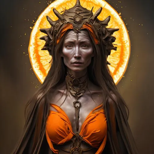 Prompt: famine as  a thin female Caucasian goddess with a yellow/orange robes
realistic dark oil painting, 8k, many details