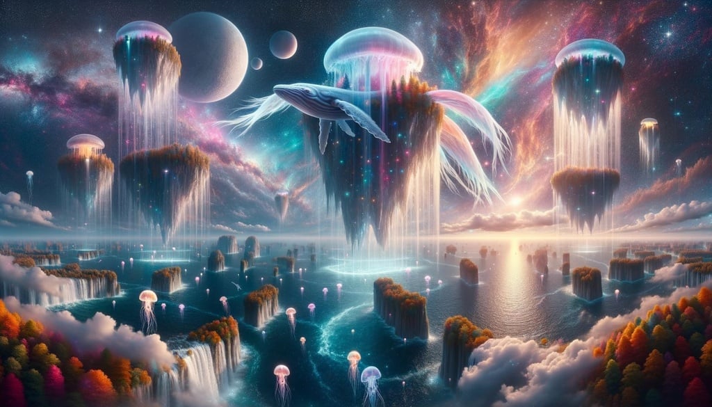 Prompt: Wide image of a surreal landscape taken to the extreme: Floating islands hover above a luminescent sea, where gigantic ethereal jellyfish swim alongside colossal whale-like creatures with wings. Above, the sky is a tapestry of cascading colors, with multiple moons of different sizes casting glows across the scene. In the distance, a towering waterfall seemingly pours from one of the floating islands, but instead of water, it's a cascade of shimmering stardust.