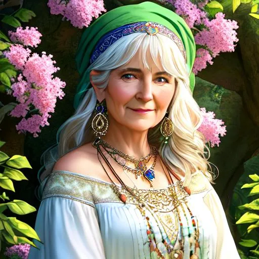 Prompt: a Portrait of an older adult female hobbit, small smile, a white faire off-the-shoulder blouse, a gypsy skirt, with a fortune teller head wrap on medium-length hair, perfect composition, highly detailed, intricate details, HD, psychic, Use warm, earthy tones and incorporate elements of nature such as swirling vines, delicate flowers, and hints of magical energy. 