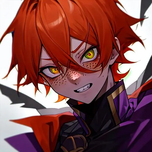 Prompt: Erikku male (short ginger hair, freckles, right eye blue left eye purple) UHD, 8K, Highly detailed, insane detail, best quality, high quality.