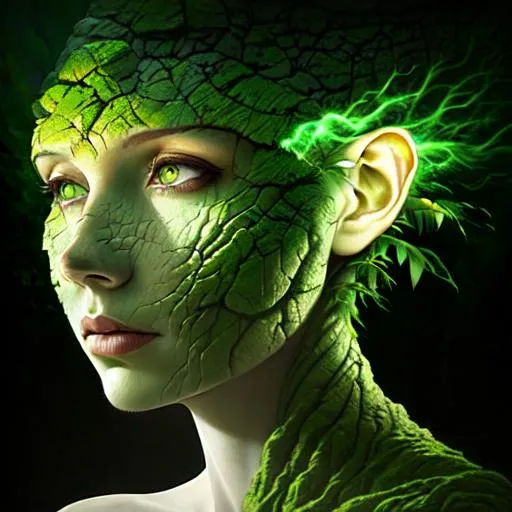 Prompt: Woman's head made from stone is emerging from a mountainside, a tropical forest grows from one side of her face, dramatic backlight, bright green eye, 3D, optical illusion, a masterpiece, no watermark, Tomasz Alen Kopera, Igor Morski"