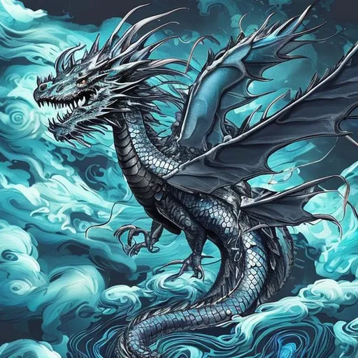 Prompt: We see the green and blue dragon landed next to the quickly flowing river surrounded by trees, stretched his beautiful blue wings swirled with gleaming silver, sunlight reflecting from the metallic wing scales. The dragon catches a fish in the river with his talons. The sky is a dark storm of black and grey clouds and lightning flashes, allowing us to see faint forms of more dragons in flight in the distance, visible only because lightning illuminates their metallic wings. This is a magical place where magic infuses every tree, rock, and creature. Does the dragon have a name, the knight wonders. Landscape, Hyperrealistic, 8k