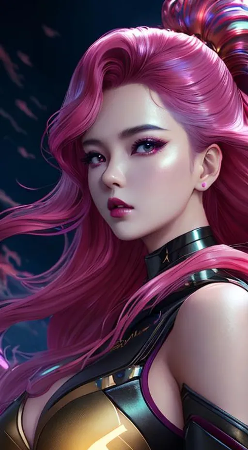 Prompt: matte portrait of a kpop princess with big doe glittery eyes, reddish lips, golden ratio face, balayage  wild hair, windy aura ,dragon themed ultra high detailed ,royalcore, cyberpunk , backlit, glamorous sky, soft lighting, splash art by greg rutkowski, ultra high HD, colorful ink illustration