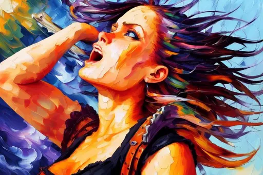 Prompt:  mid-shot, ((Impasto)) Old Holland Technique, very colorful heavy metal rocker girl, highly detailed, ((broad oil paint brush strokes)), speed painting, intricate, Caspar David Friedrich, Leonid Afremov, heavy metal Impasto oil painting