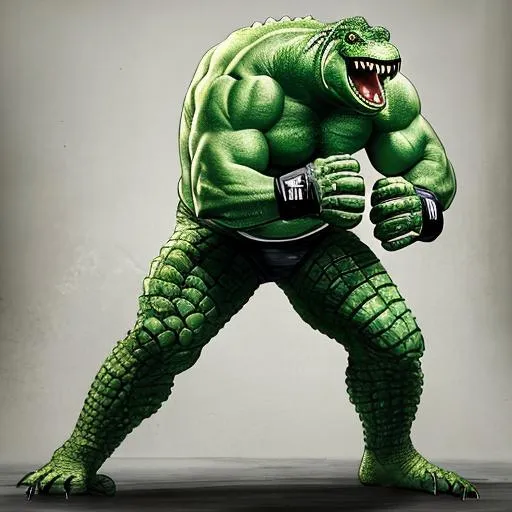 Prompt: brock lesnar green saltwater crocodile full body portrait standing pose for fighting wearing mma gloves