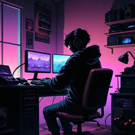Prompt: a shadowed person sitting at a desk with gaming gear. in a lofi theme