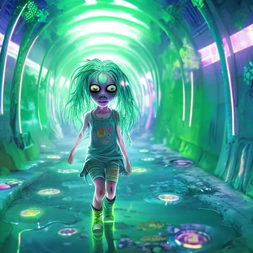 Prompt: acid pool, green, young girl, child, bright white hair, loud, walking in tunnel with lights, shadowy, bright red eyes , light colored skin tone, small white dog