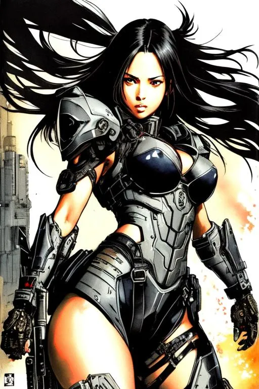 Prompt: (((Yoji Shinkawa))), sticker of ultra detailed portrait of Aaliyah Dana Haughton in black mech armor,  high quality cell shaded illustration in post apocalyptic style by Yoji Shinkawa, ((full body)), dynamic pose, perfect anatomy, centered, freedom, soul, black long hair, approach to perfection, cell shading, 4k , cinematic dramatic atmosphere, watercolor painting, global illumination, detailed and intricate environment, artstation, concept art, fluid and sharp focus, volumetric lighting, cinematic lighting, Art by Yoji Shinkawa,
