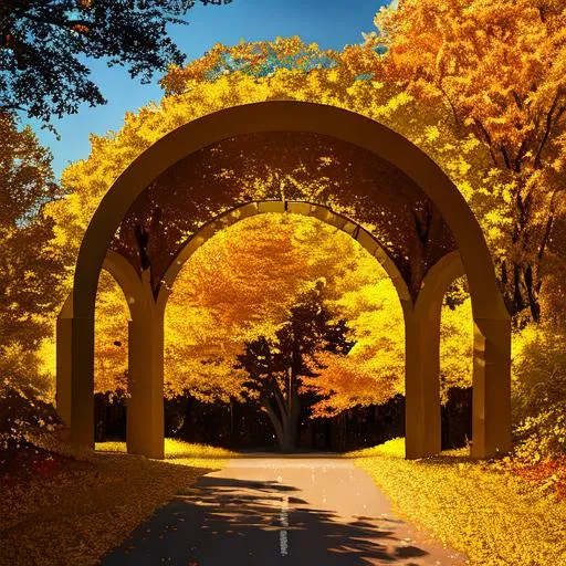 Prompt: arch surrounded by a Forest of Elder Tree with Golden orange and golden yellow leaves under a Bright Golden Autumnal Sunlight