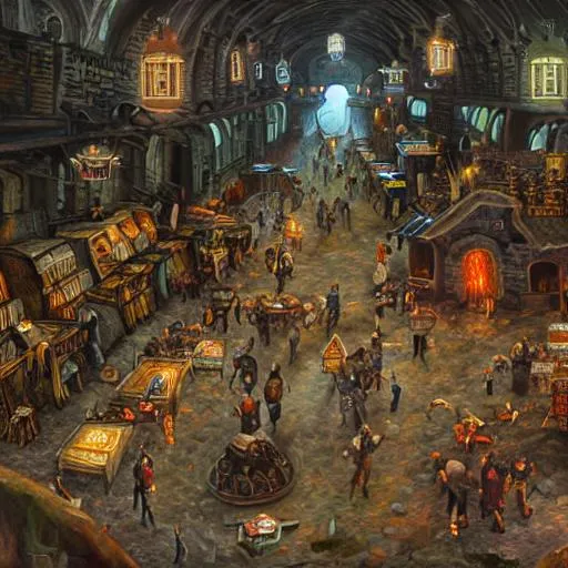 Prompt: large, cavernous hall as large as a town with a fantasy bazaar, with stalls, food stands, and taverns, cinematic composition, detailed, concept art, Matt painting, oil painting, high res, bird view