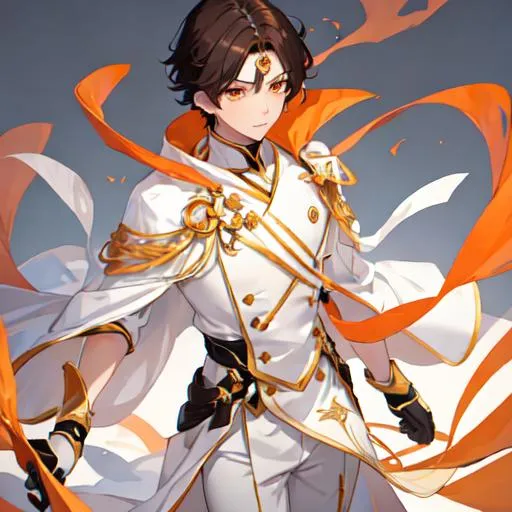 Prompt: 1boy, dark brown hair, orange eyes, white skintone, noble outfit, slender body, high quality, illustration, looking at camera, simple background, 8k, UHD