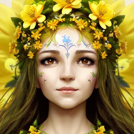 Prompt: a fairy goddess of spring , yellow flowers, facial closeup