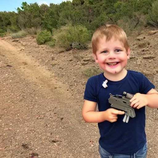 Prompt: little boy holding a desert eagle