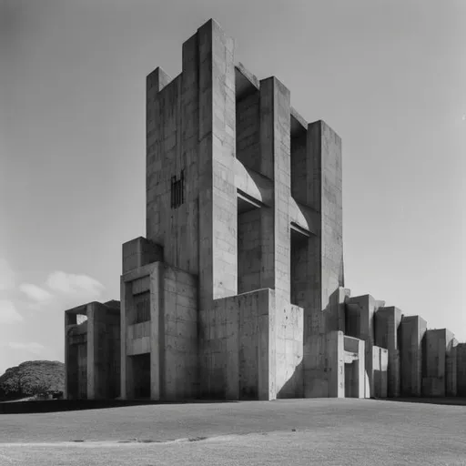 Prompt: a large cathedral on a flouting island, brutalist architecture