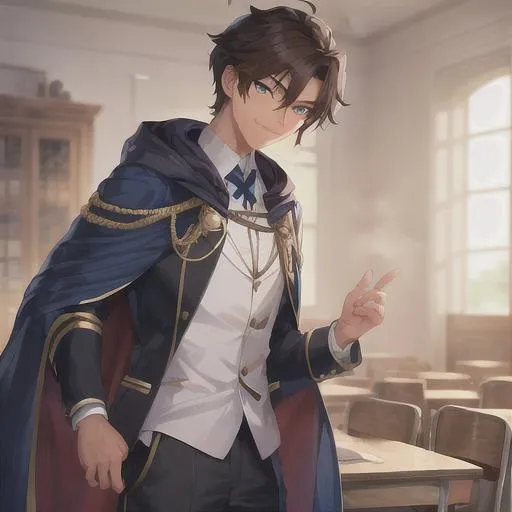 Prompt: Fitz from keepers of the lost cities  handsome teenage boy with a strong jaw and charming smile and deep blue eyes and short dark brown hair fantasy boy wearing a school uniform with a cape/cloak athletic cute school boy 
