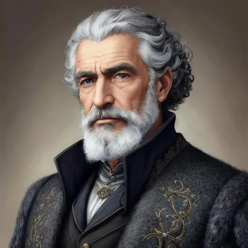 Prompt: Realistic oil painting of elderly fantasy nobleman with blue eyes, olive skin, curly black gray hair, short beard, handsome, wearing noblemans coat, hypermasculine, 8k, sharp focus, studio photo, intricate details, highly detailed