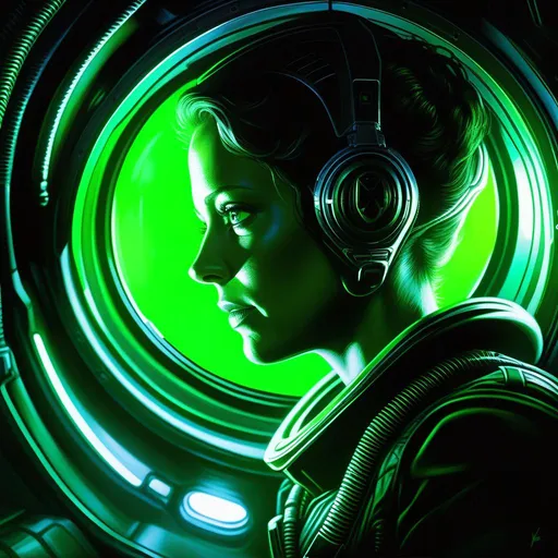 Prompt: Alien Isolation, Amanda Ripley, xenomorphs, green atmosphere, extremely detailed painting by Greg Rutkowski and by Henry Justice Ford and by Steve Henderson