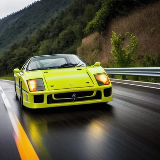 Prompt: shiny lime colored ferrari f40 driving fast on hillside roads during heavy rainy storm