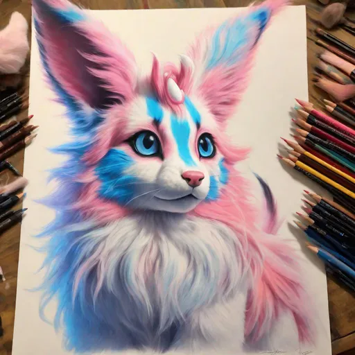 Prompt: (Sylveon), realistic, photograph, fantasy, epic charcoal painting, (hyper real), furry, (hyper detailed), extremely beautiful, (on back), playful, UHD, studio lighting, best quality, professional, ray tracing, 8k eyes, 8k, highly detailed, highly detailed fur, hyper realistic thick fur, canine quadruped, (high quality fur), fluffy, fuzzy, full body shot, hyper detailed eyes, perfect composition, ray tracing, vector art, masterpiece, trending, instagram, artstation, deviantart, best art, best photograph, unreal engine, high octane, cute, adorable smile, lying on back, flipped on back, lazy, peaceful, (highly detailed background), vivid, vibrant, intricate facial detail, incredibly sharp detailed eyes, incredibly realistic scarlet fur, concept art, anne stokes, yuino chiri, character reveal, extremely detailed fur, sapphire sky, complementary colors, golden ratio, rich shading, vivid colors, high saturation colors, nintendo, pokemon, silver light beams
