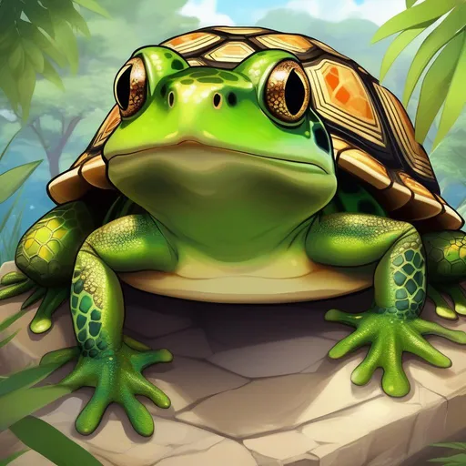 Prompt: a fusion between a frog and a turtle, leopard pattern skin, with a gemstone embedded in its forehead, a detailed savannah background, RPG art, Anime art, 2D art, 2D, majestic