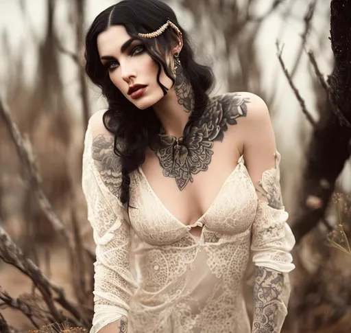 Prompt: Beautiful, Enigmatic, tattooed, Lilith, wearing a worn black dress, at the paramo, hyperrealistic, hyperdetailed, 16K, close-up, perfect composition, ambient light, textured skin, by Floria Sigismondi.