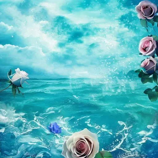 Prompt: Sea with blue roses