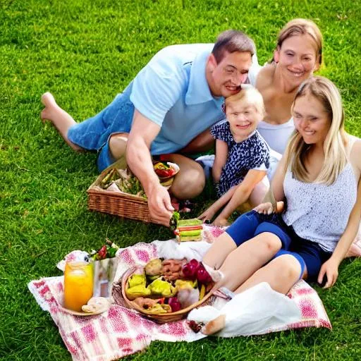 Prompt: A family having a picnic on a grass