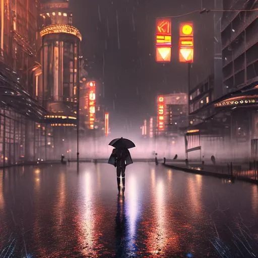 Prompt: ,heavy rain, thunderstorm and lighting, empty street, eerie, hyper detailed, illustration, 4k 8kstreet in suburb, affluent neighborhood, rain, summer, Los Angeles