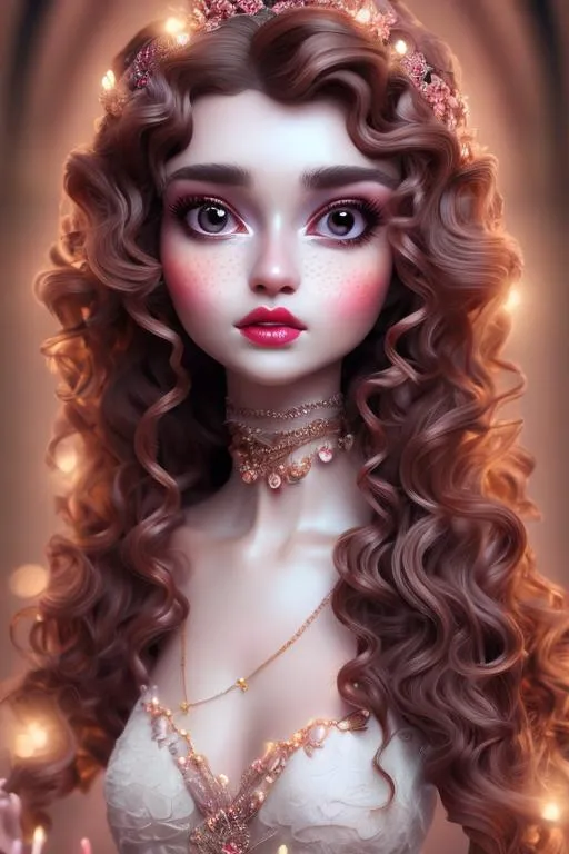 Prompt: Beautiful lady wearing long wine dress, AI, detailed features, animated, 8K, fair and glossy skin. Curly hair, neck chain set, Big eyes, baby pink lips, light make up.