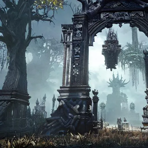 Prompt: an entirely unique area in bloodborne, highly detailed concept art, stunning, screenshot, khmer temple in jungle