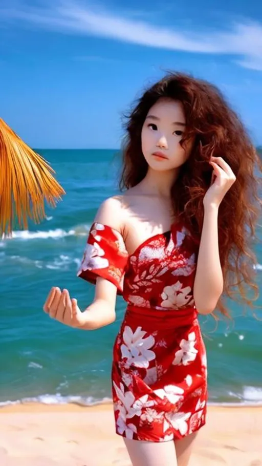 Prompt: The female in a beach.she is wear in red japan dress and small short.she is very beautiful.she has big hair
