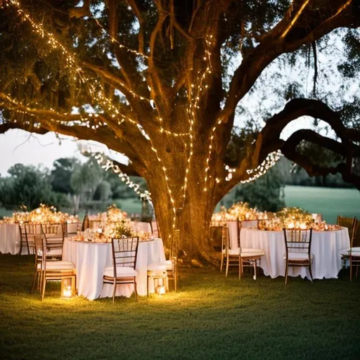 Prompt: country wedding with lights and candles and gorgeous large trees