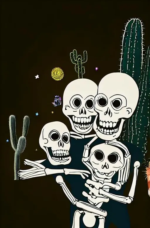 Prompt: Emma Atterbury psychedelic groovy style illustration. Three happy smiling skeletons dancing in the desert next to cactus plants. In the background there are canyons and stars in the sky. Only very light pastel colors. No orange or yellow. Thick black outline 