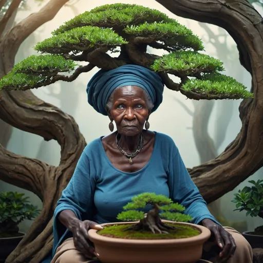 Prompt: African old lady witch with giant bonsai tree, green leaves for clothing, wrinkled face, blue eyes, detailed bonsai tree growth, mystical atmosphere, high quality, fantasy, earthy tones, atmospheric lighting