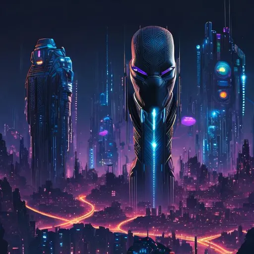 Prompt: Afro-futuristic nightscape, inspired by Black Panther, highres, ultra-detailed, futuristic, cyberpunk, neon lighting, vibrant colors, Wakanda-inspired cityscape, detailed architecture, glowing tribal patterns, sleek and modern design, professional, atmospheric lighting