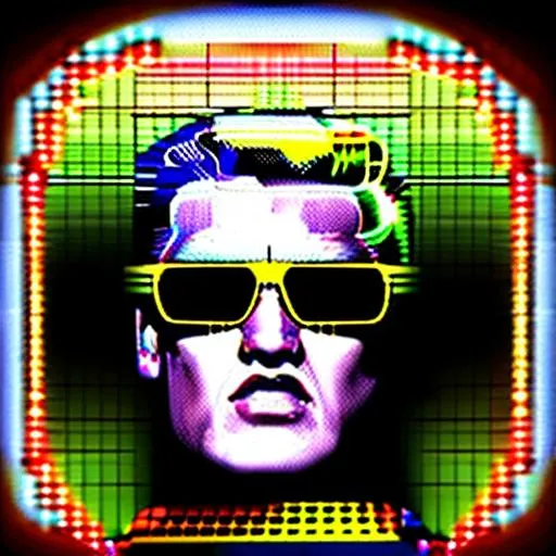 Prompt: Elvis Presley as Max Headroom. 80s style cathode ray tube dithering.