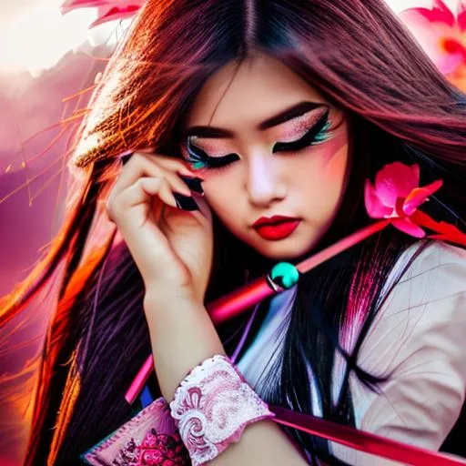 Prompt: A pretty and colorful Japanese Geisha woman with feathers, in the style of Flowers pink and scarlet red, cherry blossom trees background, realistic and hyper – detailed renderings, stefan gesell, aztec art, machine aesthetics, uhd image, dark white and turquoise, morbid, grim dark, wet, dark, very detailed, rendered in octane, wet, dense atmospheric, epic, dramatic, photorealistic, hyper ornate details, clear and sharp, only one person, only one face, Art by Stanley Artgerm Lau, Art by Genzoman, Art by Joe Madureira, Art by BlushySpicy, Art by Stjepan Sejic, Art by J Scott Campbell, Art by Guillem March, Art by Citemer Liu, Art by Kenneth Rocafort, 4k, High resolution, Comic book, Comic book character, Comic, High quality, Super high quality model, Production cinematic character rendering, Vivid, Highly detailed, Epic, Intricate, Cgsociety trending, Centered, Minidemo, Thoughtful, Intricate details, Ink cloud, Splash, Expansive, Elegant, Intricately detailed, Concept art, 8k, photo illustration by Marton Bobzert, Maximalism, Volumetric lighting, Natural light, Professional photography, calligraphy, Intricate gouache by Jean Baptiste Monge, photorealistic masterpiece by Aaron Horka and Jeremy Mann, Photorealistic, Masterpiece, 8k resolution, Ink flow, alberto seveso art, detailed gorgeous face, Perfect body proportions, super detailed art photo