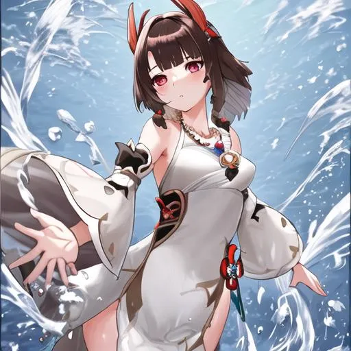 Prompt: Genshin impact ,Brown hair short, Wearing a Fatui mask and a white dress with water slowly coming up her, water floating around her in small balls, Her necklace has a hydro vision in from the Fatui's. She is 33. 