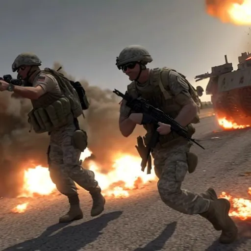 Prompt: United States Us Army pinned down by isis gunner while people die around the with explosions in the background and more people getting killed while a guy shoots his m4a1