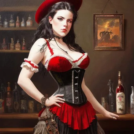 Prompt: Painting of a wild west saloon girl with dark hair and light eyes wearing a red corset
