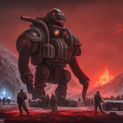 Prompt: Soviet Russia, military, soldiers, snow, mountains, biological mechanical war machine, eyes, teeth, snakes, red lights, red neon lighting, dark fantasy art style, propaganda, giant