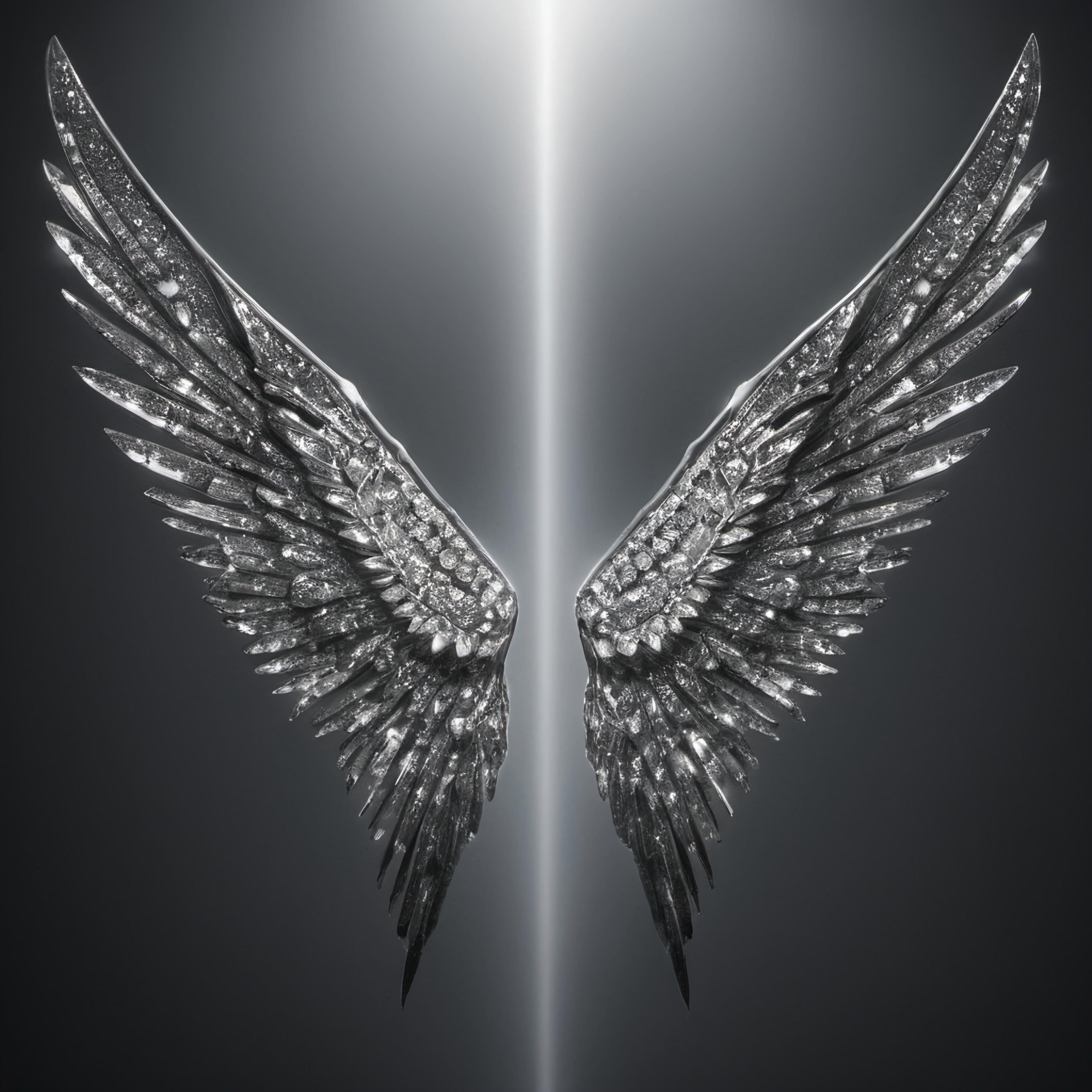 Prompt: a pair of wings with a light beam in the background of the image, in black and white, with a diagonal line of light, a 3D render