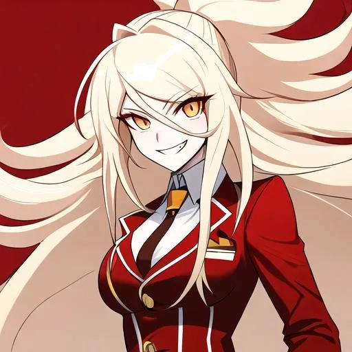 Prompt: Danganronpa art style, Long blond hair, red and yellow eyes. White skin, fur coat, dumb grin, female, lady, solo focus