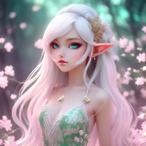 Prompt: (masterpiece, best quality:1.2), illustration, absurdres, highres, extremely detailed, 1 elf girl, white long hair, green eyes, eye highlights, white dress, 
 chromatic aberration abuse, pastel color, Depth of field