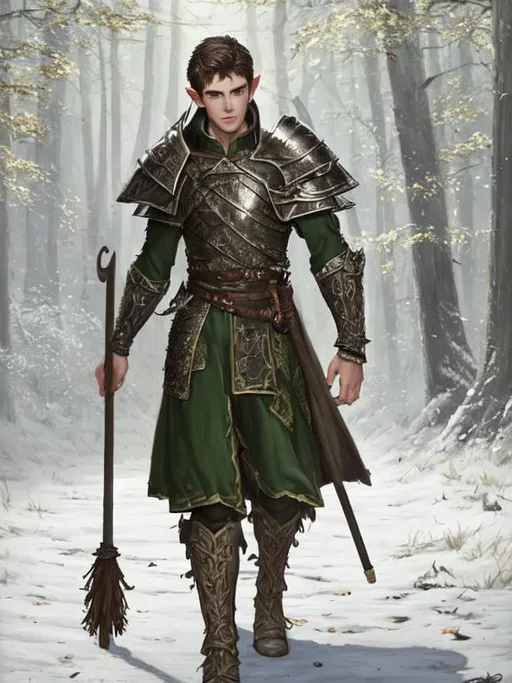 Prompt: oil painting, UHD, hd , 8k, panned out view, full character in view, very detailed, dark lighting, at night, fantasy, handsome young man, he has slightly pointed ears, he has light brown hair, he has light brown eyes, he is wearing forest green armor, he holds a worn walking staff, the staff has a intricate ornament on the top, the full moon is prominent behind him, he stands atop a cliff, a river rushes below him, a look of determination on his face.