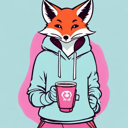 Prompt: A chill fox in a light blue hoodie holding a cup of tea with a pink background in a comic book style 