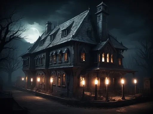 Prompt: Warhammer style building eerie atmosphere night