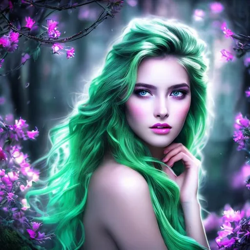 Prompt: HD 4k 3D 8k professional modeling photo hyper realistic beautiful mysterious woman ethereal greek goddess of Spring, Queen of the Underworld
green hair hazel eyes gorgeous face fair skin white shimmering dress jewelry tiara full body surrounded by magical glowing firelight hd landscape background of enchanting mystical flowers skulls fruit